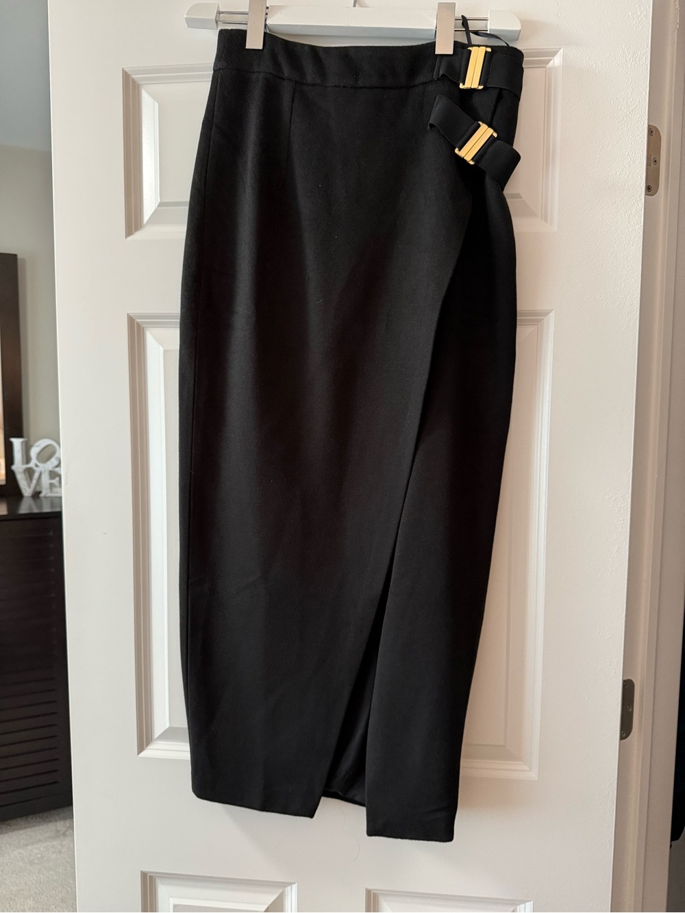 JLUXLABEL Black Pencil Skirt with Gold Buckle Detail
